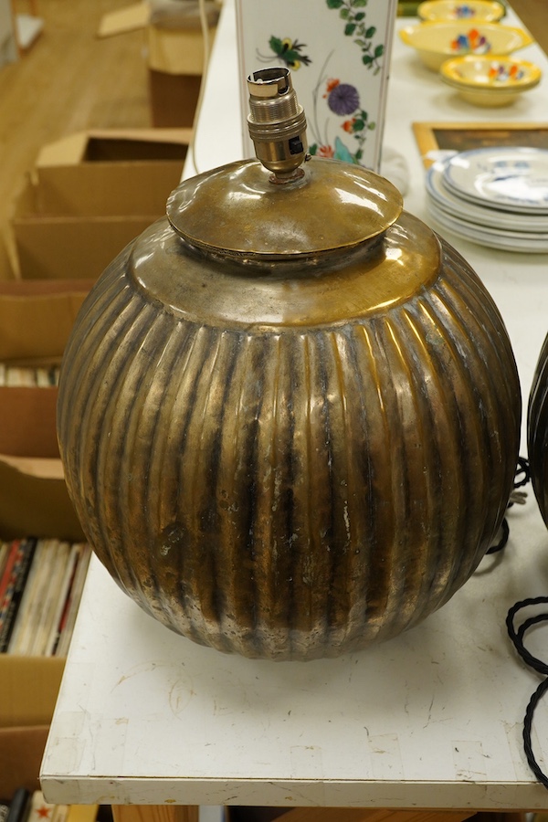 A pair of Indian globular bronzed metal table lamps, 36cm high overall. Condition - good, untested